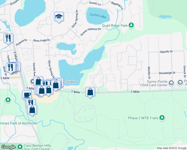 map of restaurants, bars, coffee shops, grocery stores, and more near 19369 East Harbour Village Drive in Northville