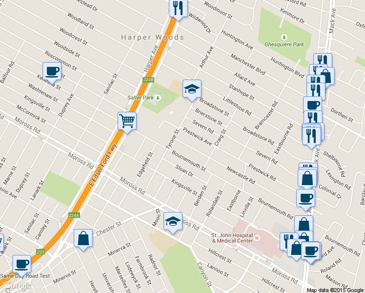 map of restaurants, bars, coffee shops, grocery stores, and more near 21248 Newcastle Road in Harper Woods