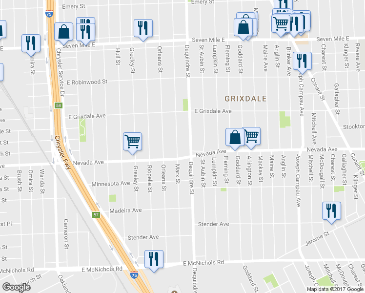 map of restaurants, bars, coffee shops, grocery stores, and more near 18050 Marx Street in Highland Park