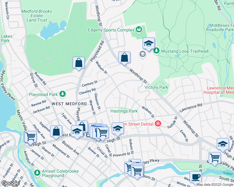 map of restaurants, bars, coffee shops, grocery stores, and more near 150 Woburn Street in Medford