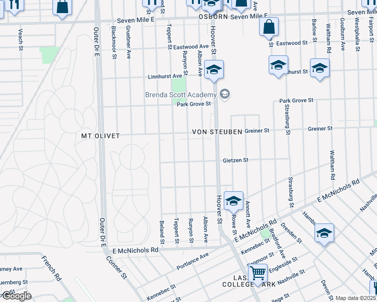 map of restaurants, bars, coffee shops, grocery stores, and more near 17843 Runyon St in Detroit