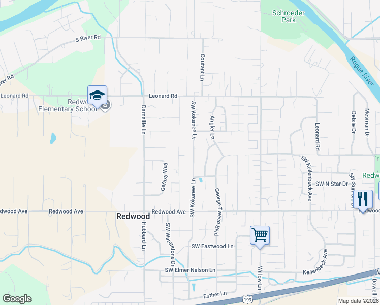 map of restaurants, bars, coffee shops, grocery stores, and more near 1294 Southwest Kokanee Lane in Grants Pass