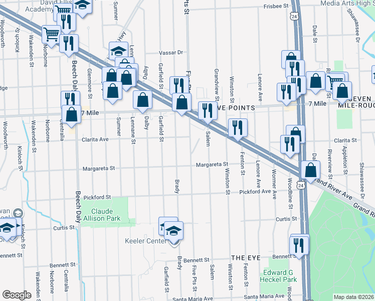map of restaurants, bars, coffee shops, grocery stores, and more near 18667 5 Points Street in Redford Charter Township