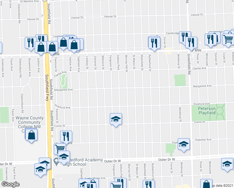 map of restaurants, bars, coffee shops, grocery stores, and more near 18485 Asbury Park in Detroit