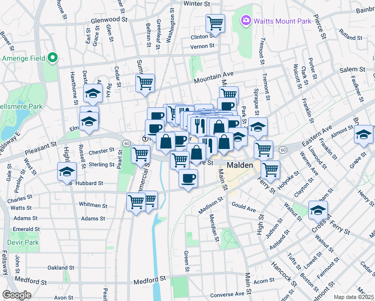 map of restaurants, bars, coffee shops, grocery stores, and more near 100 Exchange Street in Malden