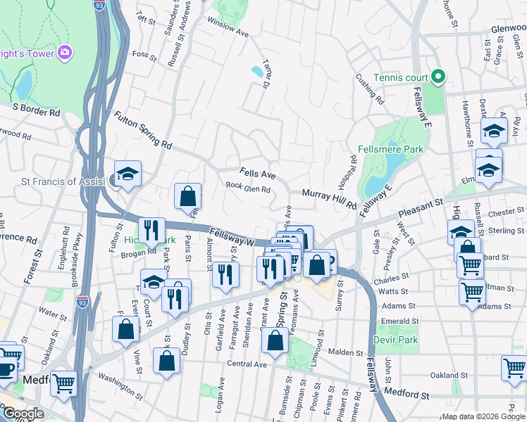 map of restaurants, bars, coffee shops, grocery stores, and more near 6 Rock Glen Circle in Medford