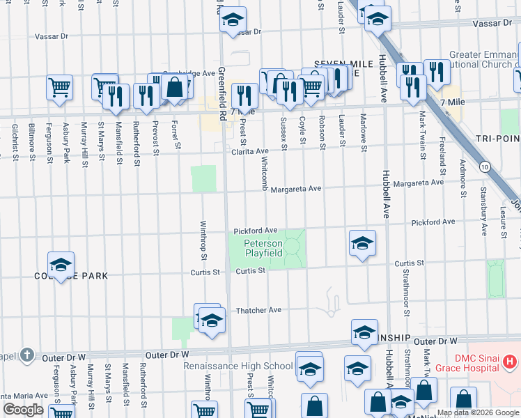map of restaurants, bars, coffee shops, grocery stores, and more near 18465 Whitcomb in Detroit