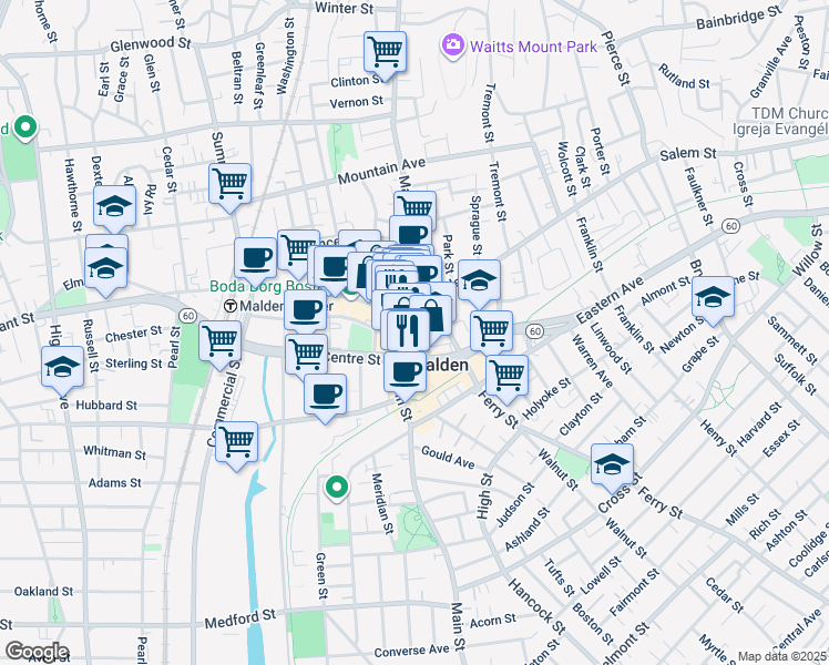 map of restaurants, bars, coffee shops, grocery stores, and more near 389 Main Street in Malden