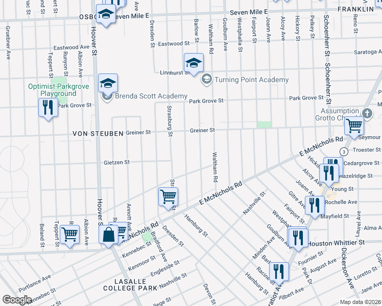 map of restaurants, bars, coffee shops, grocery stores, and more near 17388 Hamburg Street in Detroit