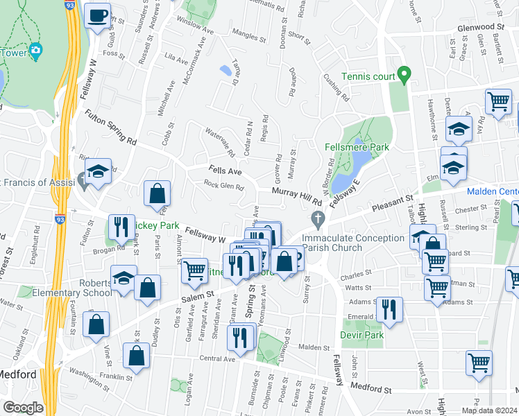 map of restaurants, bars, coffee shops, grocery stores, and more near 49 Fells Avenue in Medford