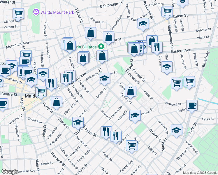 map of restaurants, bars, coffee shops, grocery stores, and more near 230 Bryant Street in Malden