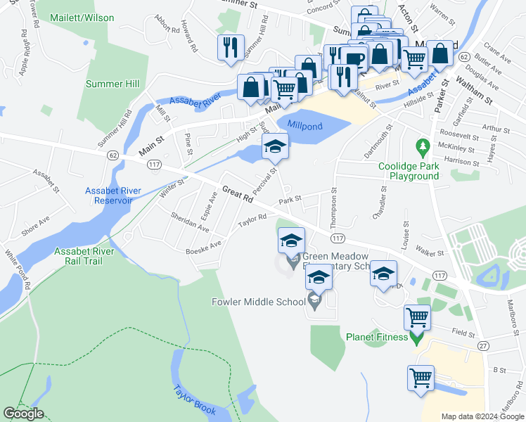 map of restaurants, bars, coffee shops, grocery stores, and more near 125 Great Road in Maynard