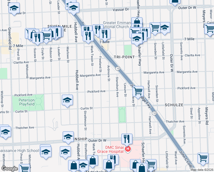 map of restaurants, bars, coffee shops, grocery stores, and more near 18437 Ardmore Street in Detroit