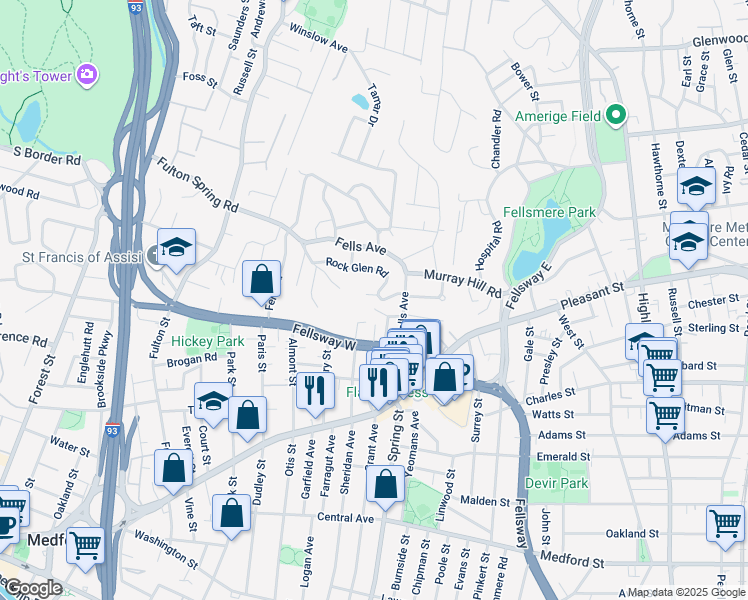 map of restaurants, bars, coffee shops, grocery stores, and more near 6 Rock Glen Circle in Medford