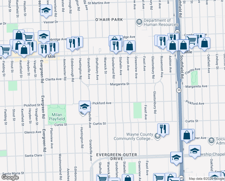 map of restaurants, bars, coffee shops, grocery stores, and more near 18487 Sunderland Road in Detroit