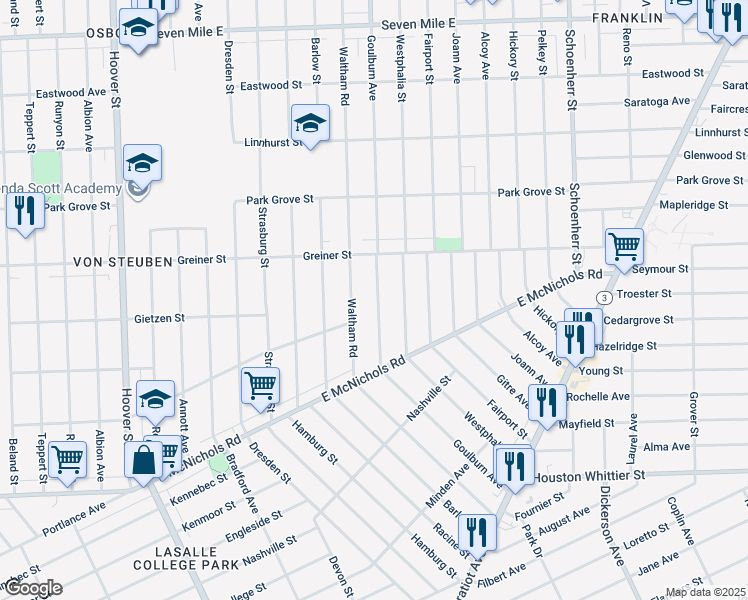 map of restaurants, bars, coffee shops, grocery stores, and more near 17255 Goulburn Avenue in Detroit