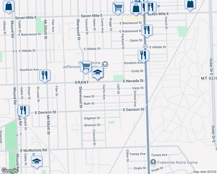 map of restaurants, bars, coffee shops, grocery stores, and more near 7125 Varjo Street in Hamtramck