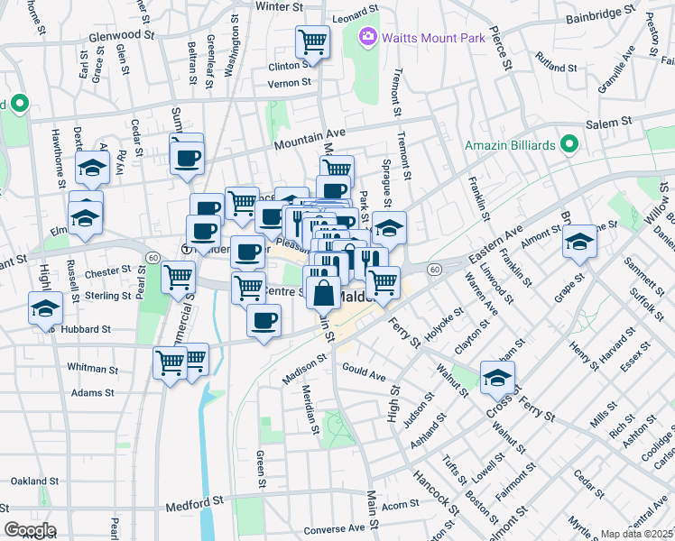 map of restaurants, bars, coffee shops, grocery stores, and more near 389 Main Street in Malden
