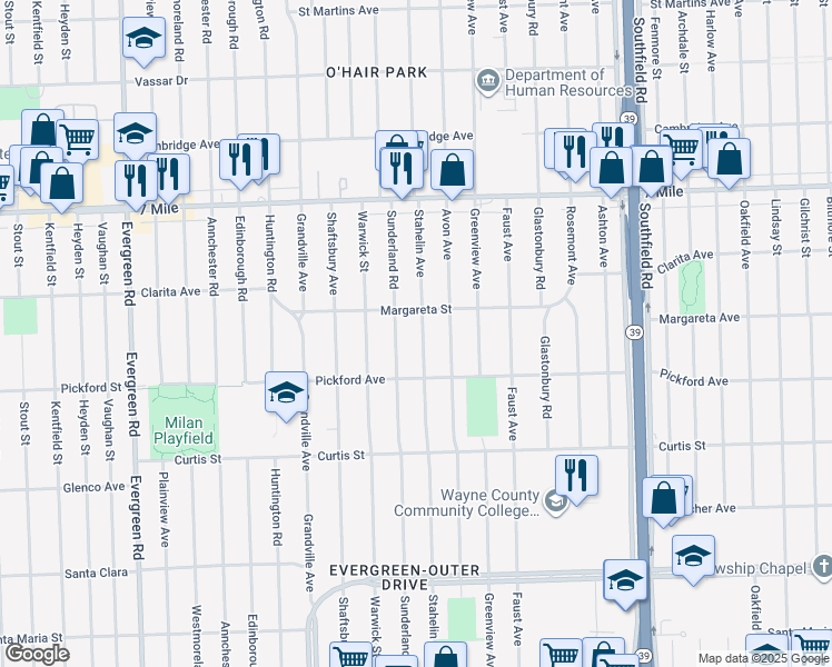 map of restaurants, bars, coffee shops, grocery stores, and more near 18487 Stahelin Avenue in Detroit