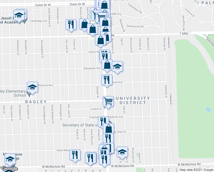 map of restaurants, bars, coffee shops, grocery stores, and more near 18310 Livernois in Detroit
