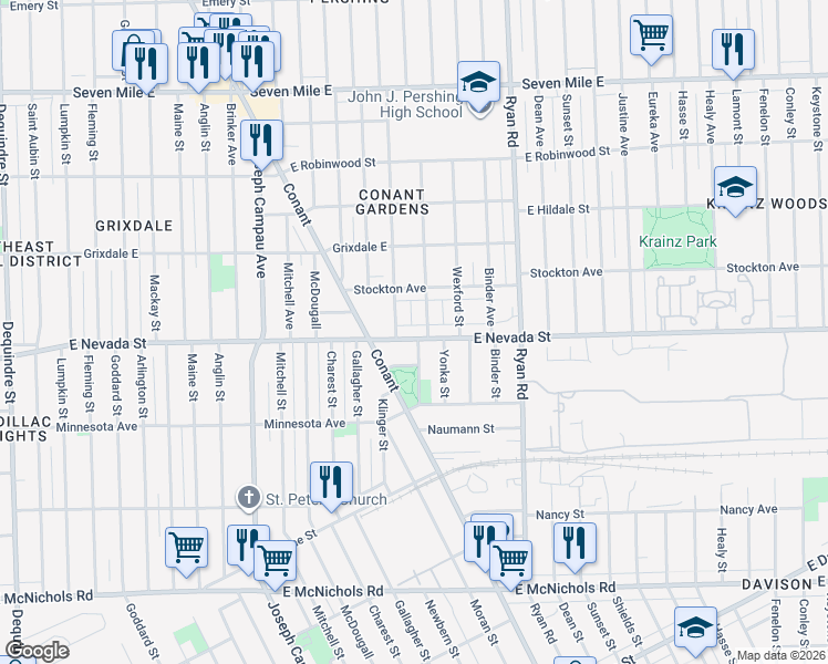 map of restaurants, bars, coffee shops, grocery stores, and more near 3621 Nevada Avenue in Detroit