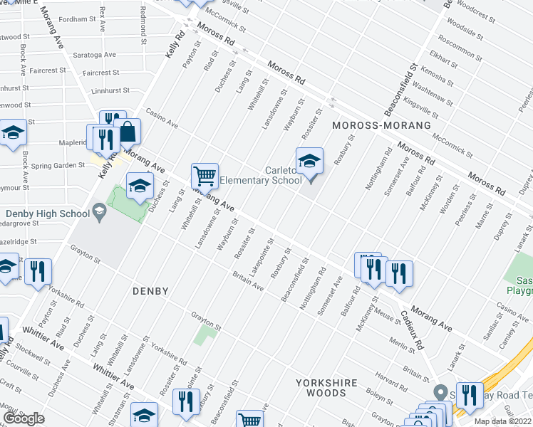 map of restaurants, bars, coffee shops, grocery stores, and more near 11728 Rossiter Street in Detroit