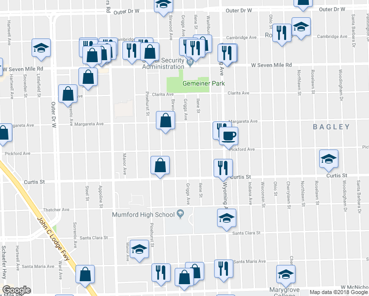 map of restaurants, bars, coffee shops, grocery stores, and more near 18405 Griggs Street in Detroit