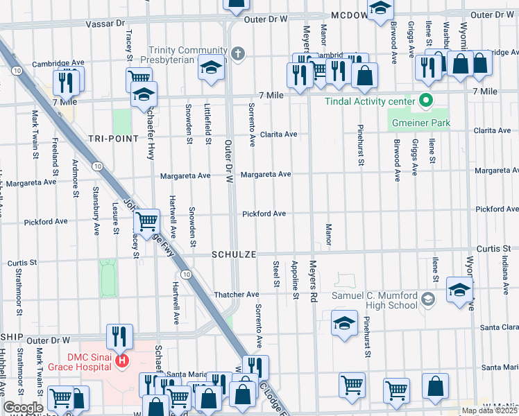 map of restaurants, bars, coffee shops, grocery stores, and more near 18410 Sorrento Avenue in Detroit