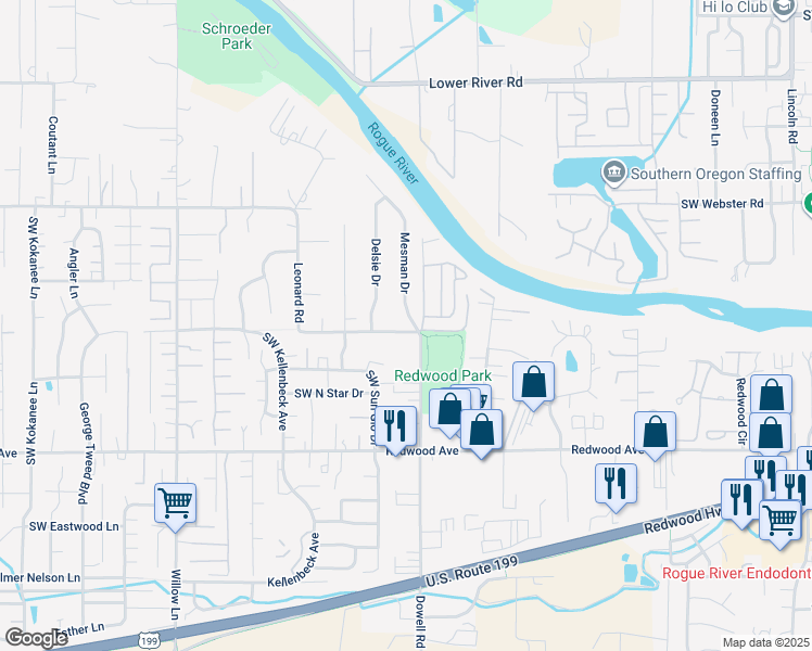 map of restaurants, bars, coffee shops, grocery stores, and more near 774 Mesman Drive in Grants Pass