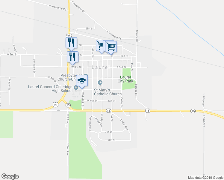 map of restaurants, bars, coffee shops, grocery stores, and more near 5th Street in Laurel