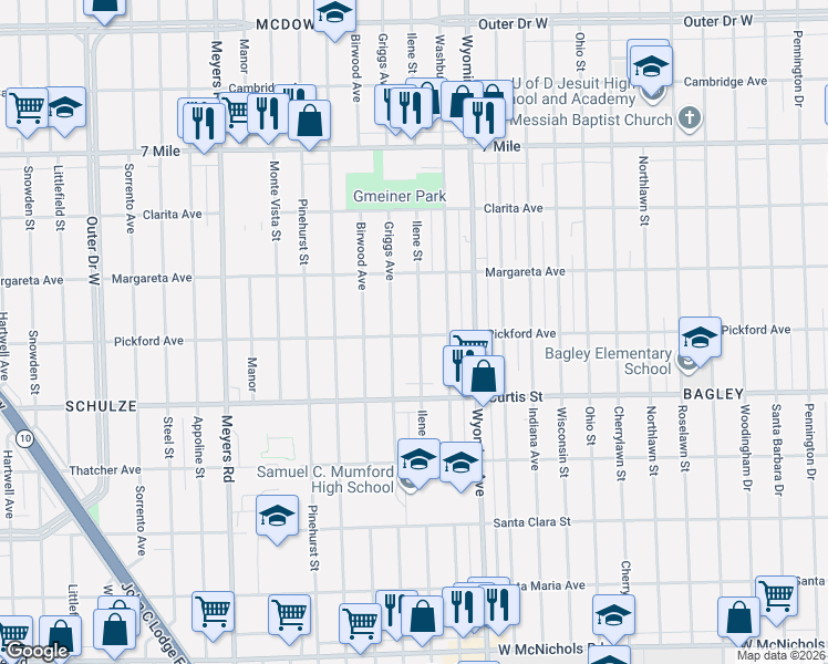 map of restaurants, bars, coffee shops, grocery stores, and more near 18403 Ilene Street in Detroit