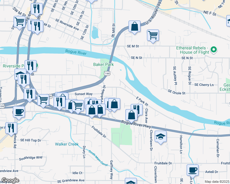 map of restaurants, bars, coffee shops, grocery stores, and more near 1322A Golden Park Drive in Grants Pass