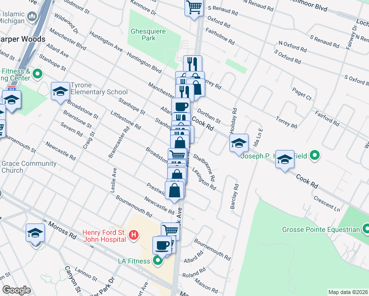 map of restaurants, bars, coffee shops, grocery stores, and more near 36626 Mack Avenue in Grosse Pointe Farms
