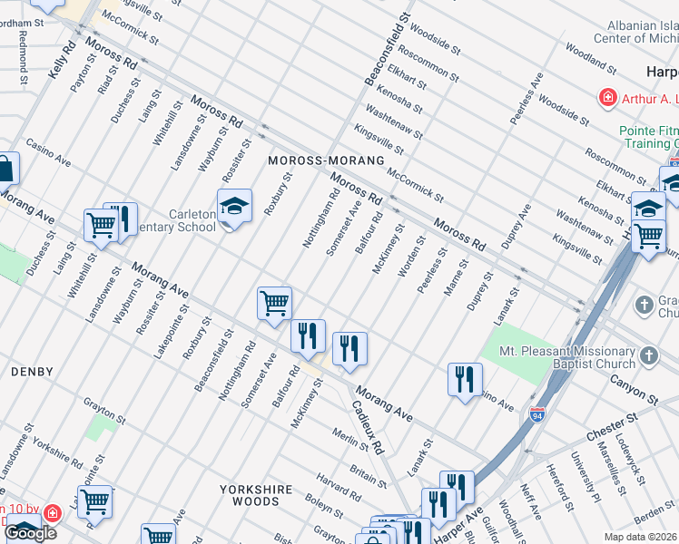map of restaurants, bars, coffee shops, grocery stores, and more near 11375 Balfour Road in Detroit