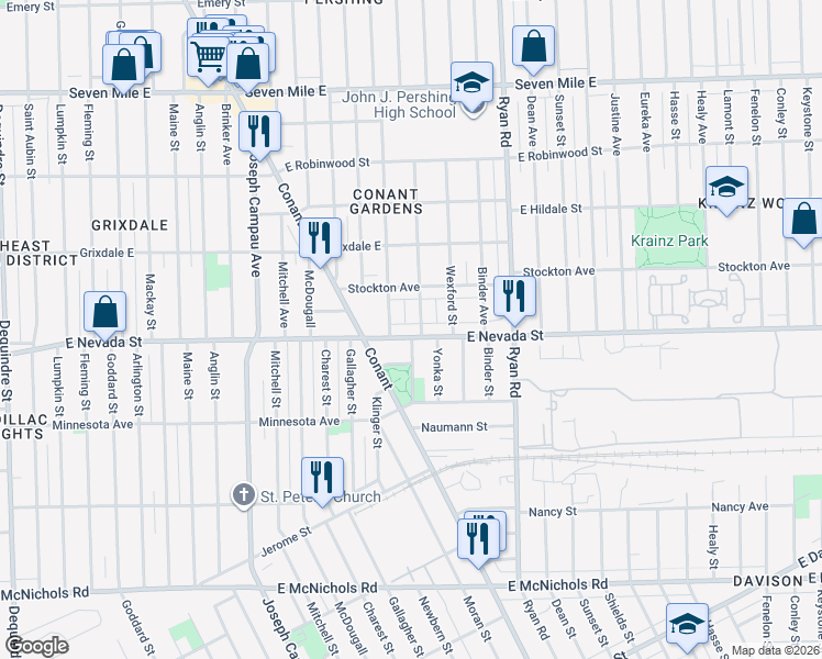map of restaurants, bars, coffee shops, grocery stores, and more near 3621 Nevada Avenue in Detroit