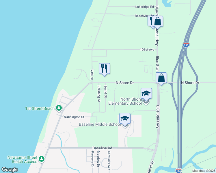 map of restaurants, bars, coffee shops, grocery stores, and more near 7378 North Shore Drive in South Haven