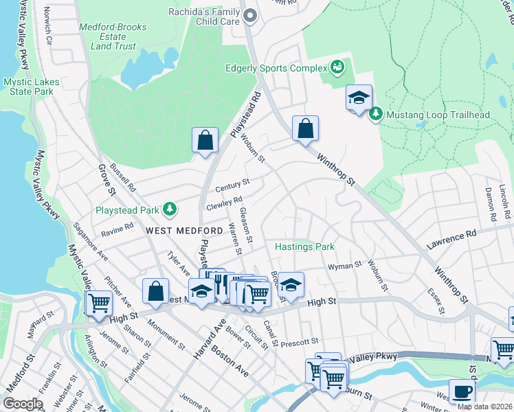 map of restaurants, bars, coffee shops, grocery stores, and more near 22 Corinne Road in Medford