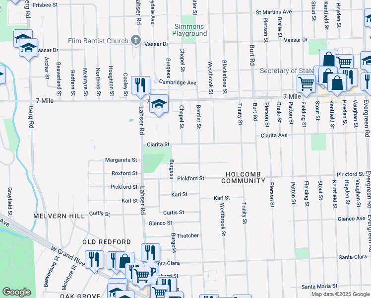 map of restaurants, bars, coffee shops, grocery stores, and more near 21465 Clarita Street in Detroit