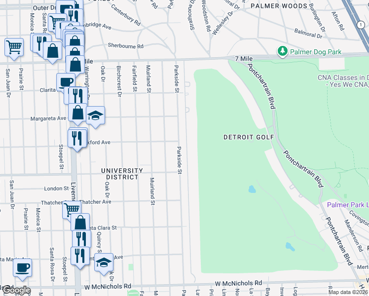 map of restaurants, bars, coffee shops, grocery stores, and more near 18300 Parkside Street in Detroit