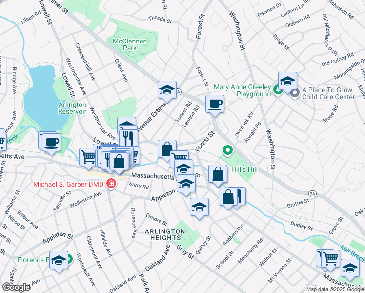 map of restaurants, bars, coffee shops, grocery stores, and more near 40 Bow Street in Arlington