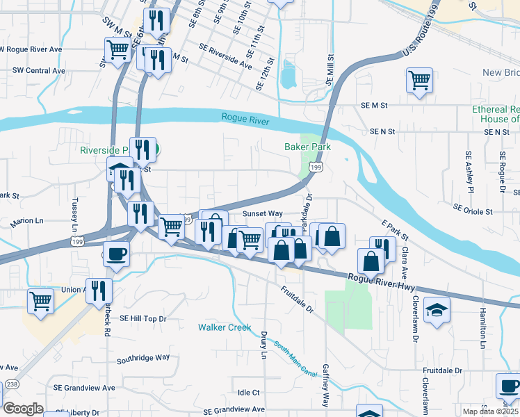 map of restaurants, bars, coffee shops, grocery stores, and more near 600 Sunset Way in Grants Pass