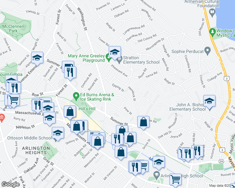 map of restaurants, bars, coffee shops, grocery stores, and more near 54 Crawford Street in Arlington