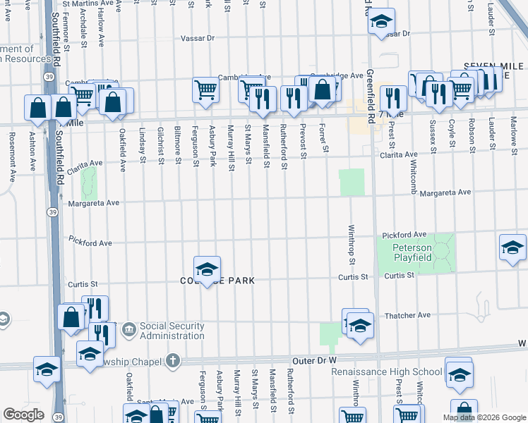 map of restaurants, bars, coffee shops, grocery stores, and more near 18483 Mansfield Street in Detroit