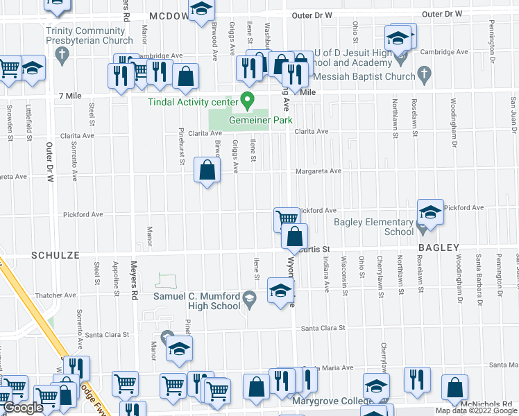 map of restaurants, bars, coffee shops, grocery stores, and more near 18400 Ilene Street in Detroit