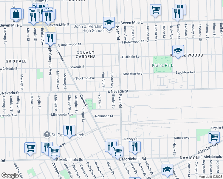 map of restaurants, bars, coffee shops, grocery stores, and more near 3953 Nevada Avenue in Detroit