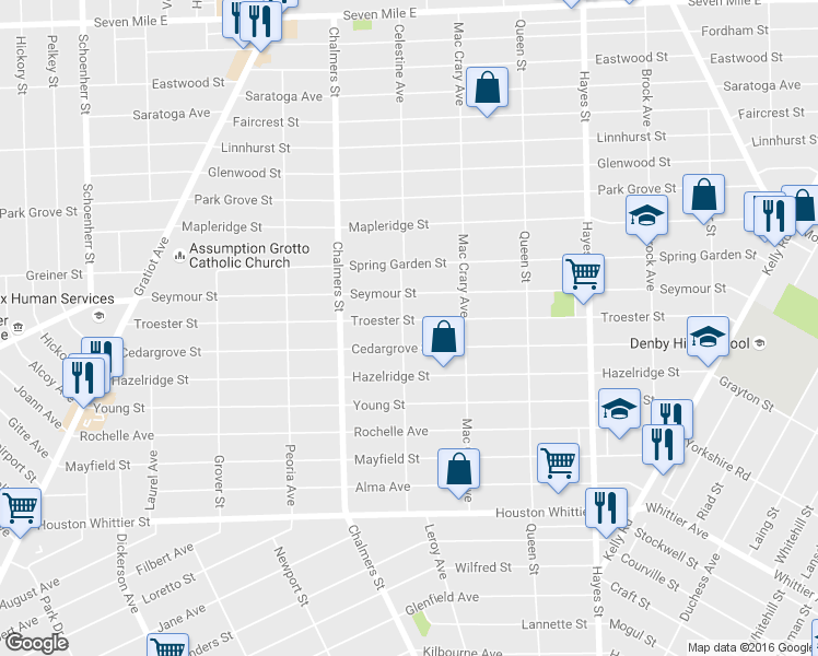 map of restaurants, bars, coffee shops, grocery stores, and more near 14600 Troester Street in Detroit