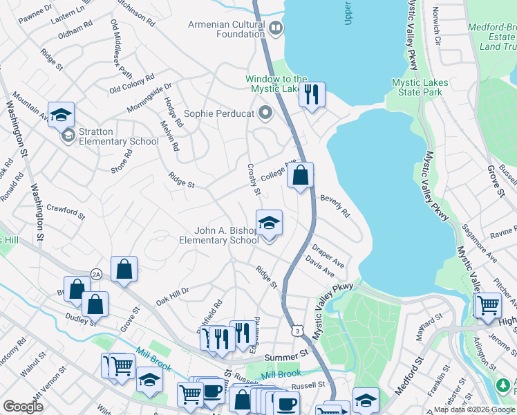 map of restaurants, bars, coffee shops, grocery stores, and more near 56 Crosby Street in Arlington
