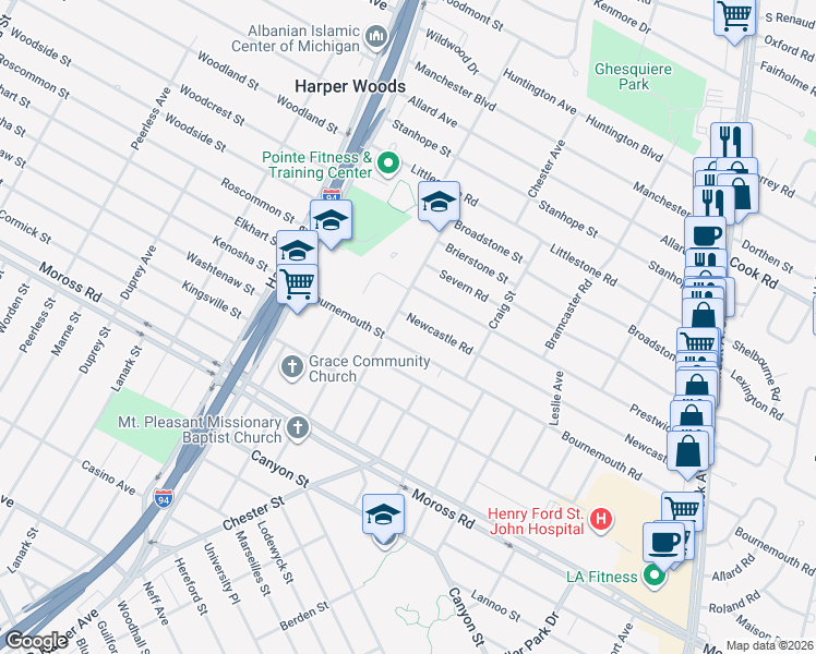 map of restaurants, bars, coffee shops, grocery stores, and more near 21248 Newcastle Road in Harper Woods