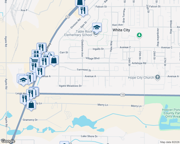 map of restaurants, bars, coffee shops, grocery stores, and more near 2630 Terrmont Street in White City