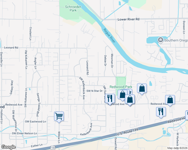 map of restaurants, bars, coffee shops, grocery stores, and more near 762 Your Way in Grants Pass